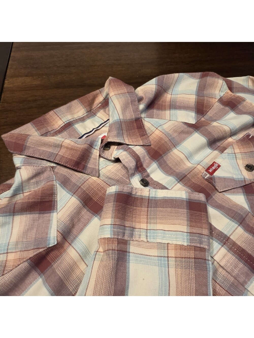 Wrangler Western Shirt Mens XL Plaid Long Sleeve Flap Pocket Brown Cream 23x28